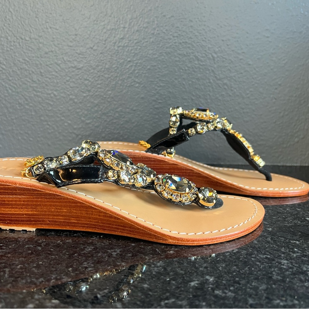 New Mystique Boutique Black and Gold Sandals with Crystal Embellishments - Picture 4 of 7